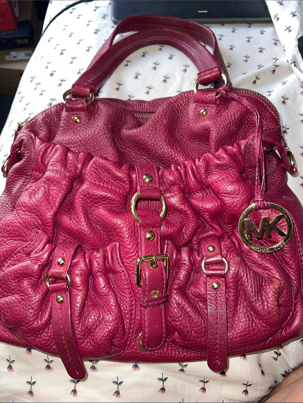Michael Kors Fuchsia Pebbled Leather Shoulder Bag with Gold Hardware
